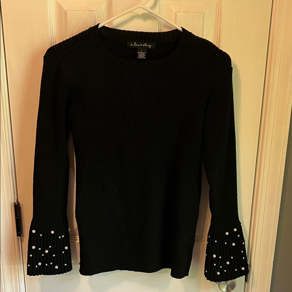 A Love Story Black Sweater with Pearl Accents
